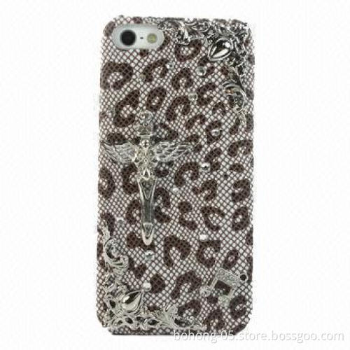 Cases for iPhone 5, Made of PC, Solid Bag Leather Stick for Drill (Leopard Grain)